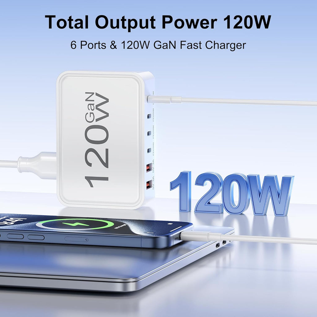 USB C Charger Block, 120W GaN 6-Port Charging Station, 5FT Cord Type C Charger Fast Charging for iPhone 17/16/15/14, iPad, Galaxy, Pixel,etc