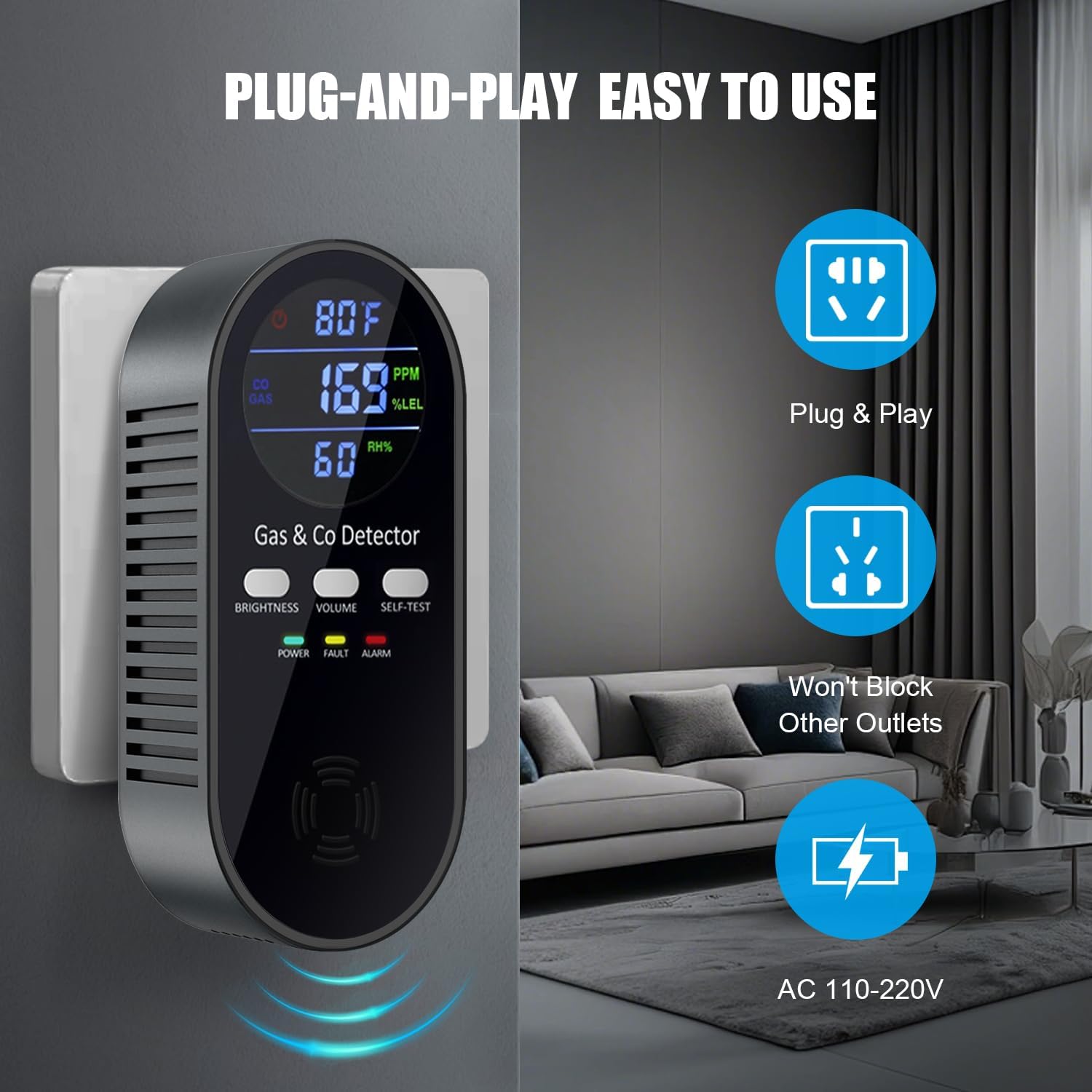 3 Packs Carbon Monoxide Detector,5-in-1 Natural Gas Leak Detector and Carbon Monoxide detectors Plug in with 9V Battery Backup,Travel Carbon Monoxide Detector with Voice Brightness Control for Home RV