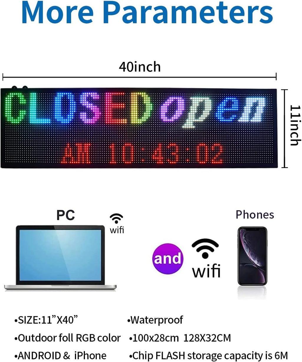 Commercial P7 LED Sign Board: 40x11 Inch Waterproof Double-Sided Full-Color Display with USB & WiFi for Programmable Scrolling Messages, High-Brightness for Indoor/Outdoor All-Weather Use