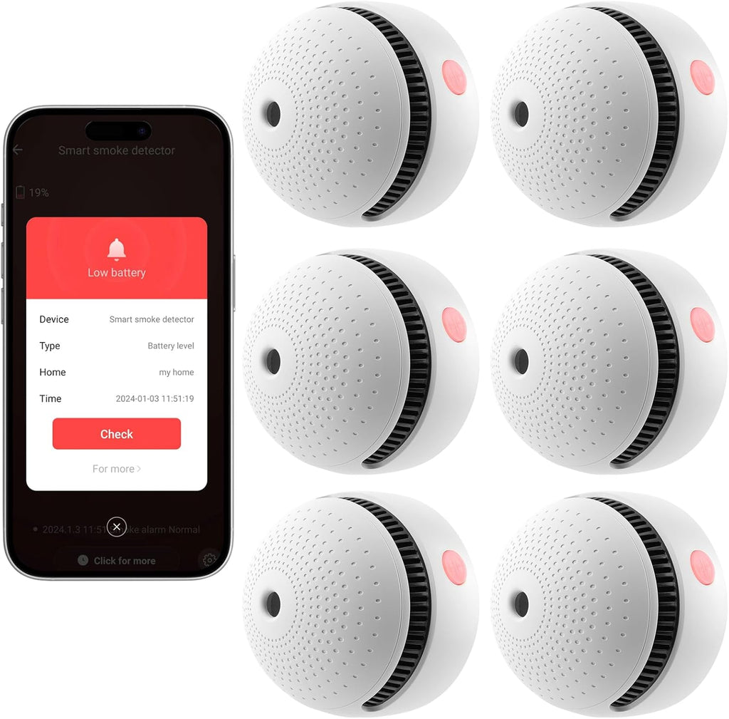 6-Pack Smart Smoke Detector with 10-Year Battery(Replaceable),Wi-Fi Smoke Detector with Smart Life App Notifications,Mini Size Fire Alarm for Home,RV,Easy Install