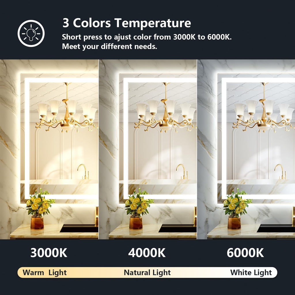 44x32 Inch LED Bathroom Mirror with Lights Front and Backlit Lighted Vanity Mirror for Bathroom Wall with 3 Colors Dimmable Anti-Fog Memory Shatter-Proof IP54 Waterproof Horizontal/Vertical