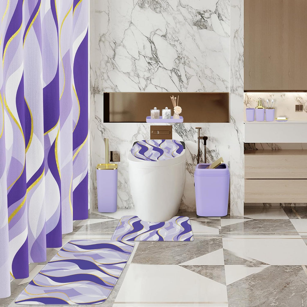 Bathroom Set - Purple and Gold Bathroom Accessories, Bathroom Sets with Shower Curtain and Rugs, Purple Shower Curtain Set with Bathroom Trash Can, Soap Dispenser, Soap Dish for Home Decor