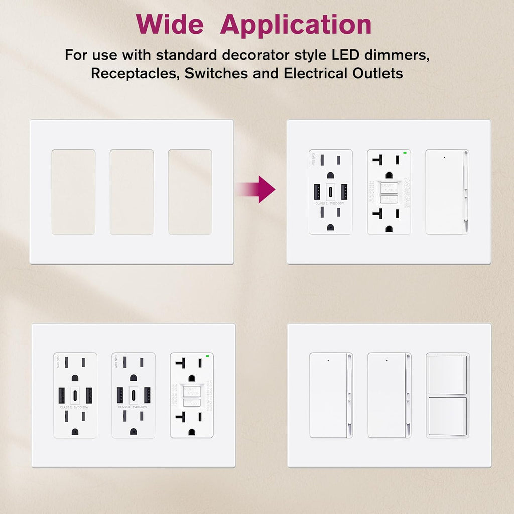 EMITEVER 3-Gang Screwless Decorator Wall Plate Cover for Receptacle Outlet & Light Switch, Standard Size 4.53"H x 6.38"W, Unbreakable Thermoplastic Faceplate, UL Listed, Matte White 5-Pack