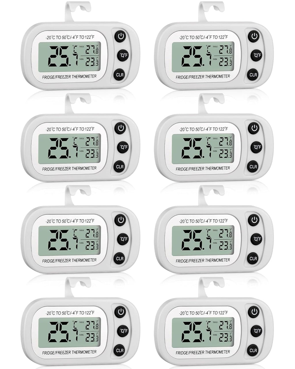Frienda 8 Pack White Digital Fridge Thermometer Waterproof Refrigerator and Freezer Room Max/min Record Function LCD Screen Refrigerator Thermometer with Hook and Magnetic Back for Home