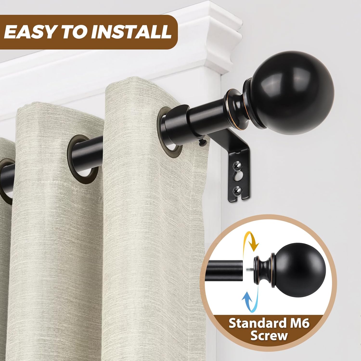 KAMANINA Curtain Rods for Windows 48 to 84 Inches, Black Curtain Rod 32 to 86 Inches (2.6-7.1ft), 7/8 Inch Decorative Drapery Rod with Round Finials