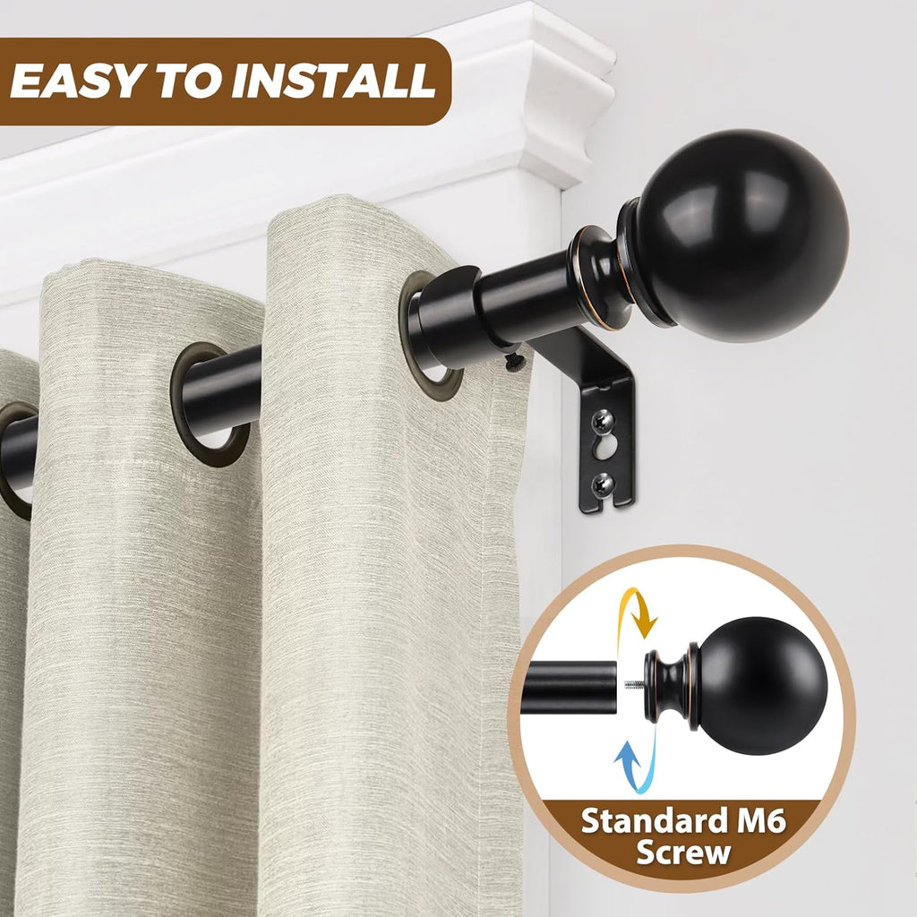 KAMANINA Curtain Rods for Windows 28 to 48 Inches, Black Curtain Rod 32 to 58 inch (2.6-4.8ft), 7/8 Inch Decorative Drapery Rod with Round Finials