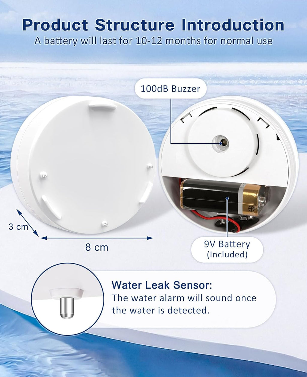 Geevon 6 Pack Water Leak Detectors, 100dB Water Sensor Alarms Flood Detector for Basements, Bathrooms, Laundry Rooms, Kitchens, Garages, and Attics, Water Alarms Battery-Operated (Battery Included)