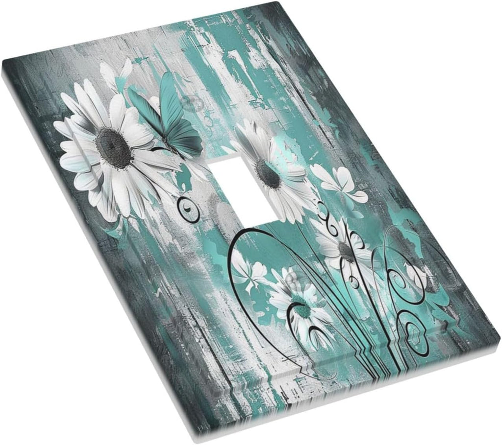 Decorative Light Switch Cover Teal Daisy Floral Vintage Wood Plank 1 Gang Single Toggle Device Electrical Faceplate Switchplates Decorator Outlet Wall Plate For Farmhouse Cabin Decor