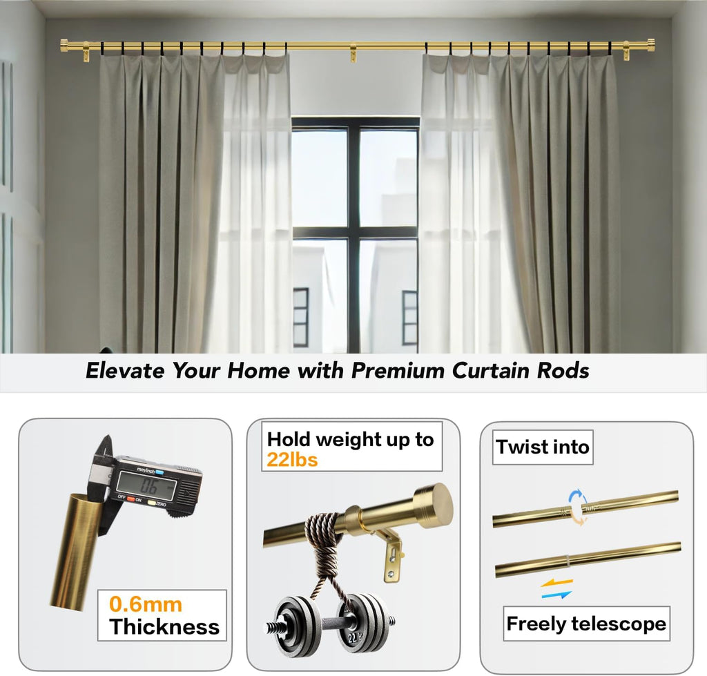 Gold Curtain Rod for Windows 18 to 144 Inches, 1 Inch Adjustable Drapery Pole, Heavy Duty Outdoor/Indoor Modern Curtain Rods, Easy Installation(Warm Gold 18"-144")