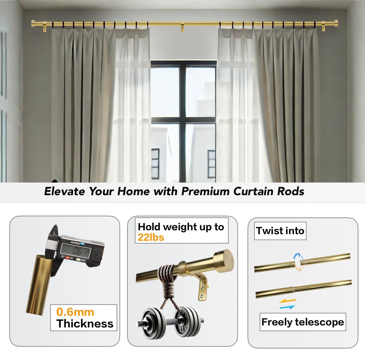 Gold Curtain Rod for Windows 18 to 144 Inches, 1 Inch Adjustable Drapery Pole, Heavy Duty Outdoor/Indoor Modern Curtain Rods, Easy Installation(Warm Gold 18"-144")