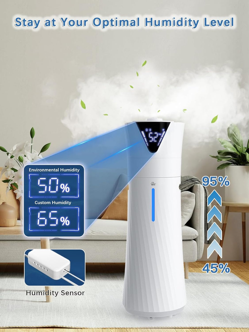 17L/4.5Gal Humidifier Large Room, Smart Quiet Ultrasonic Cool Mist Humidifiers for Bedroom, Covers 2000ft², 56H Runtime, 24H Timer, 3 Mist Modes Humidifiers for Home, Office, Plants, White