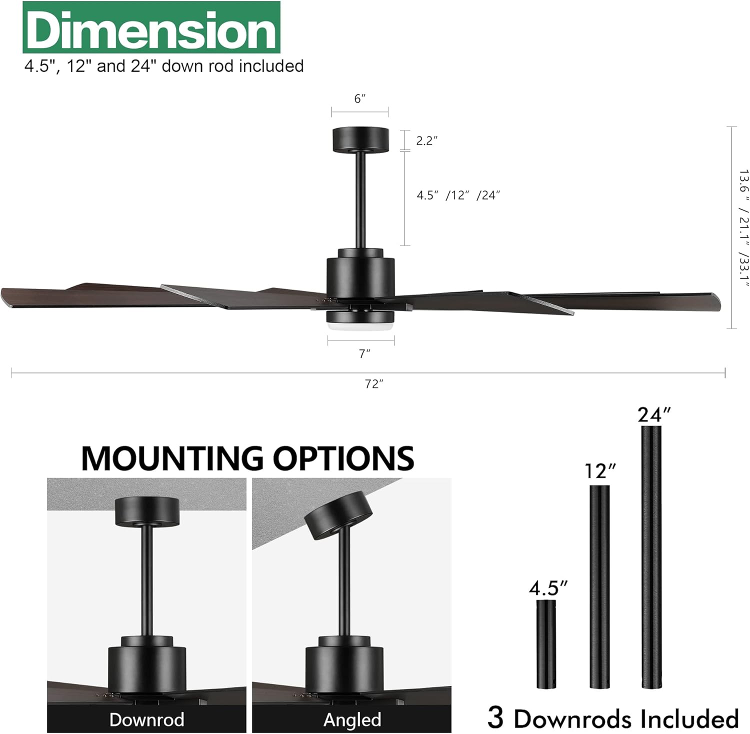WINGBO 72" DC Ceiling Fan with Lights and 3 Downrods, Matte Black Ceiling Fan with Walnut/Walnut Shadowed Reversible Blades, 6-Speed DC Motor, Indoor Ceiling Fans for Kitchen Bedroom Living Room