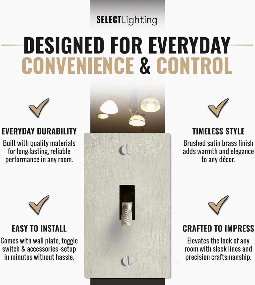 Select 15A 120V AC 1-Gang Toggle Switch, Vintage Satin Nickel Plated Single Pole 3 Way Compatible Wall Mount Toggle Switch, Included Faceplate & Switch Module, UL Listed
