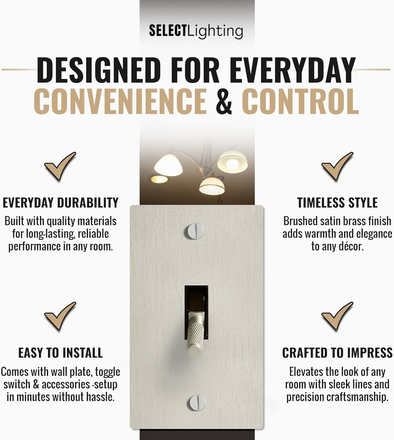 Select 15A 120V AC 1-Gang Toggle Switch, Vintage Satin Nickel Plated Single Pole 3 Way Compatible Wall Mount Toggle Switch, Included Faceplate & Switch Module, UL Listed