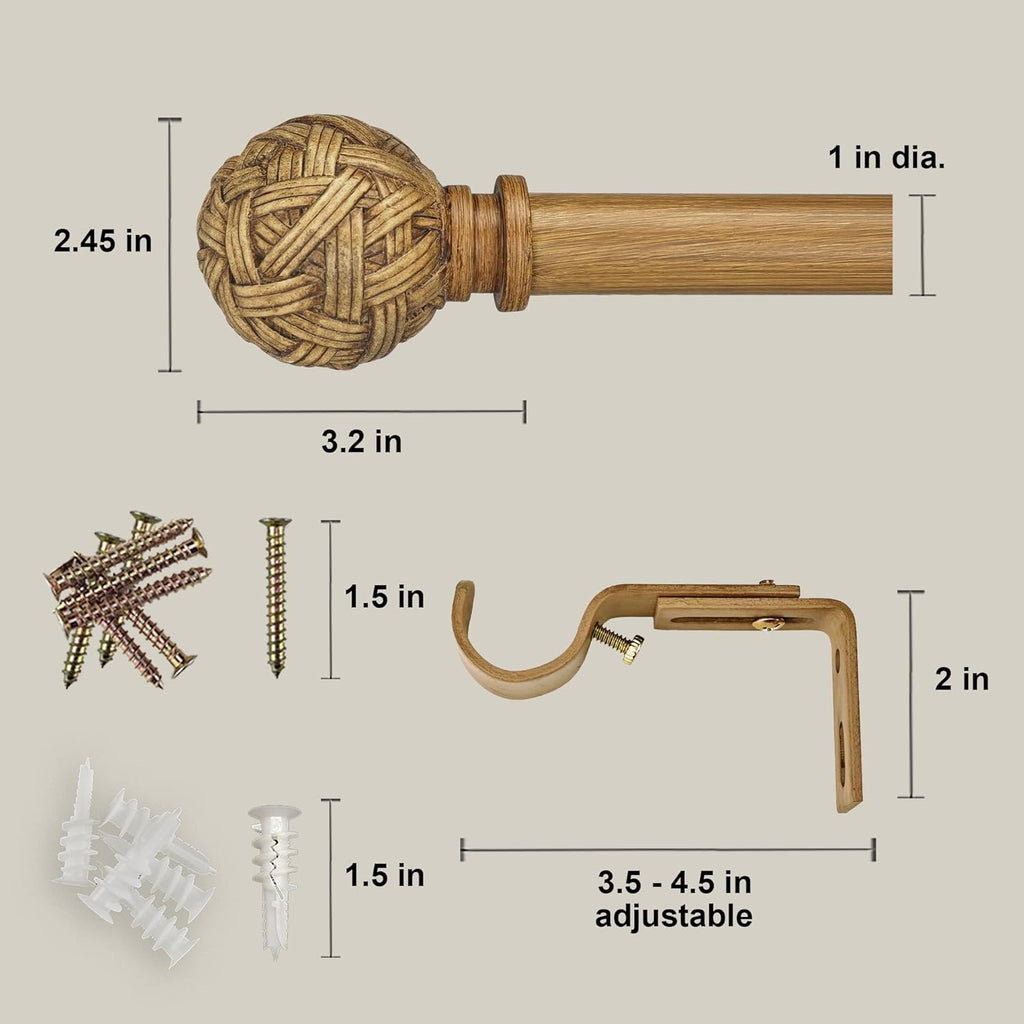 Faux Wood Style Curtain Rod Set with Faux Rattan Look Finial, 36-72 inch, Standard Single Drapery Rod for 1 Pack, 1 inch diameter, Adjustable Length