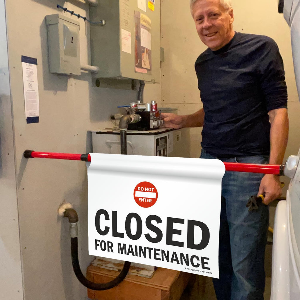 SmartSign 3-Pack 'Closed For Maintenance' Hanging Doorway Barricade Sign with Symbol, Spring-loaded Aluminum Pole, Torsion Pole and 11.25" x 18" Vinyl Sign Kit, Black/White/Red, USA-Made