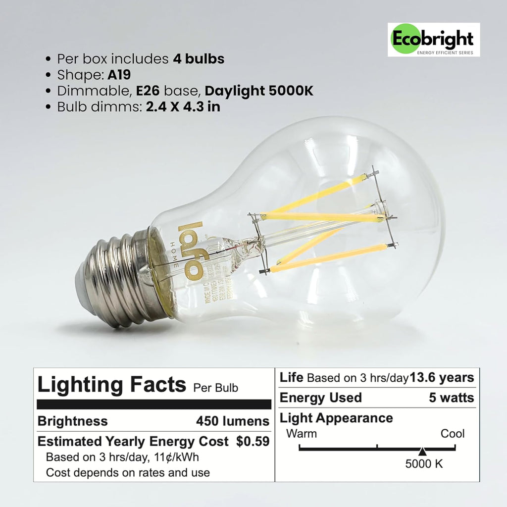 EcoBright 12PK Dimmable A19 LED Filament Bulb 40W Equivalent 5W E26 Base 450 Lumens CRI90 Flicker Free Clear Glass Energy Star Daylight 5000K for Lamps Ceiling Fixtures and Indoor Lighting