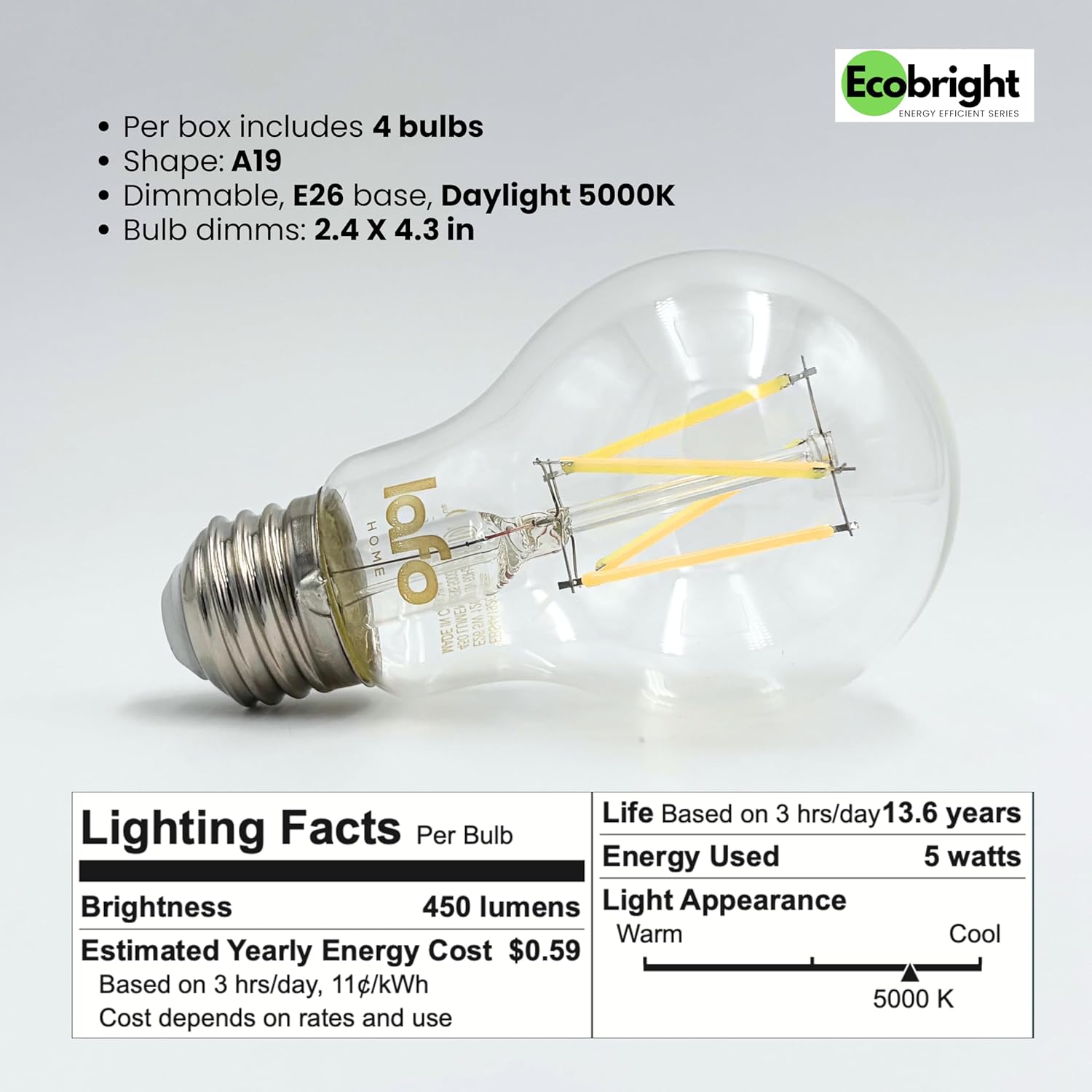 EcoBright 12PK Dimmable A19 LED Filament Bulb 40W Equivalent 5W E26 Base 450 Lumens CRI90 Flicker Free Clear Glass Energy Star Daylight 5000K for Lamps Ceiling Fixtures and Indoor Lighting