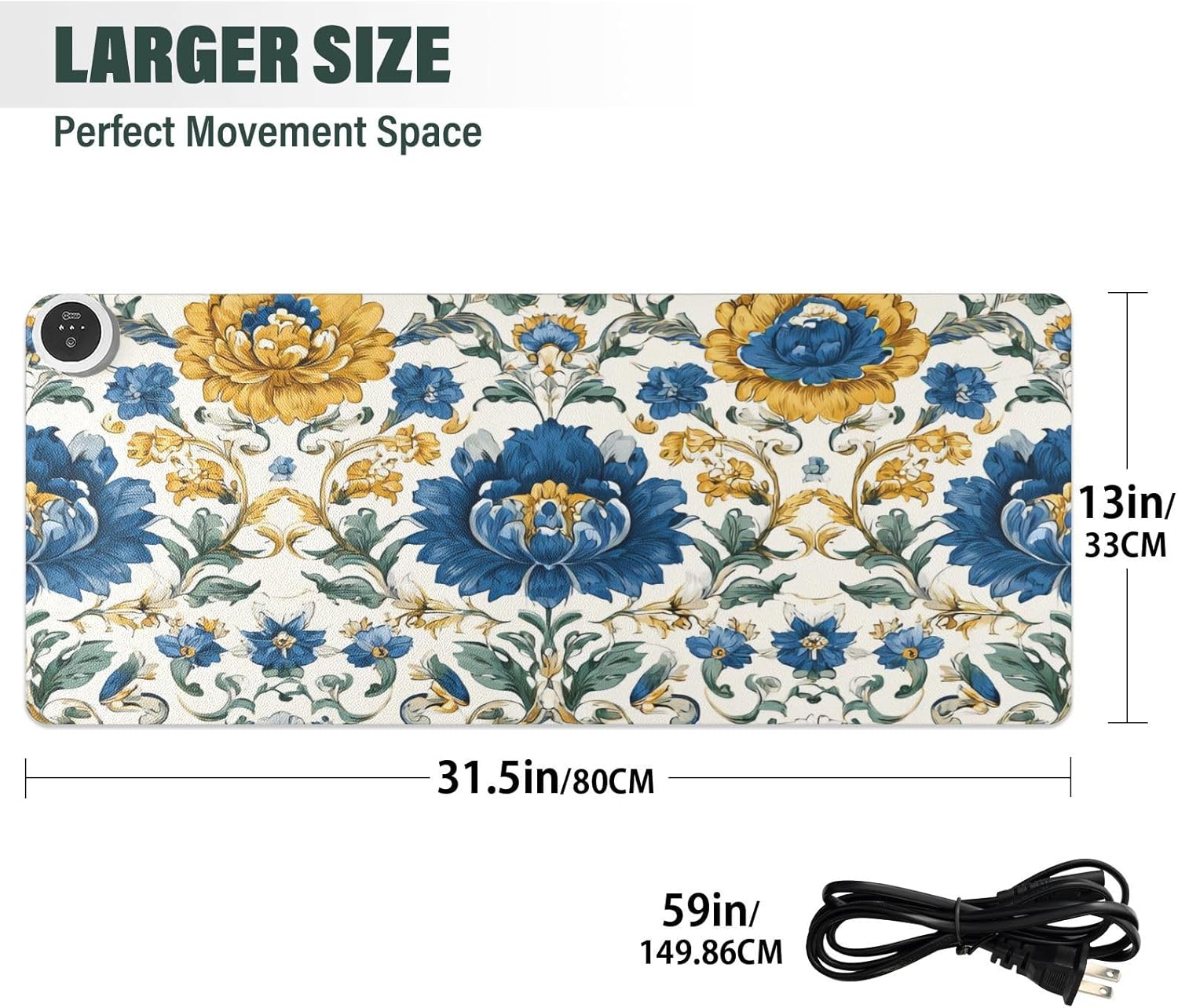 Heated Desk Pad Mouse Pad 31.5x13 Inch PU Leather Desk Mat with 3 Heat Levels Large Mouse Gaming Computer Laptop Mat Royal Floral Blue and Yellow Tile