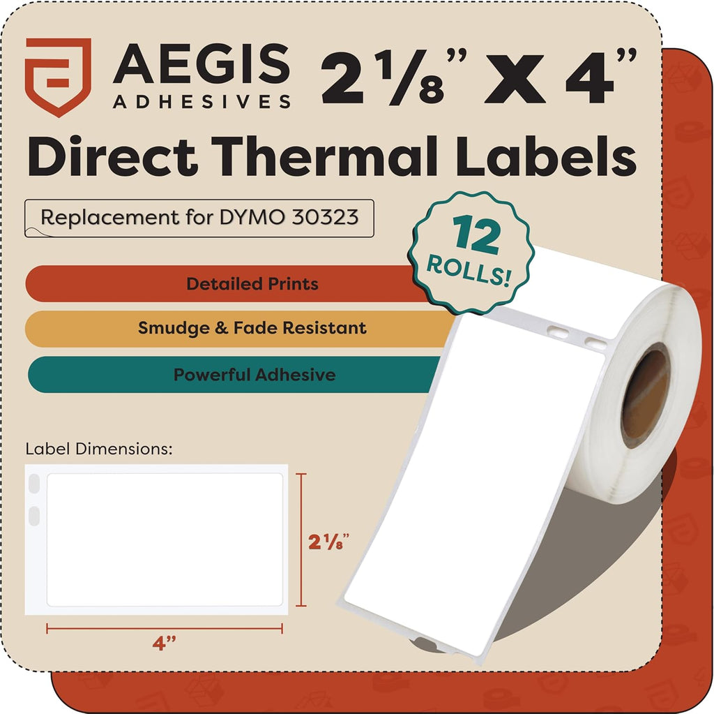 Aegis Adhesives - 2-1/8" X 4" Replacement for DYMO 30323 (12 Rolls/2640 Labels) Direct Thermal Shipping and Postage Labels - Compatible with LabelWriter 450, 450 Turbo, 4XL Printers (NOT 550, 5XL)