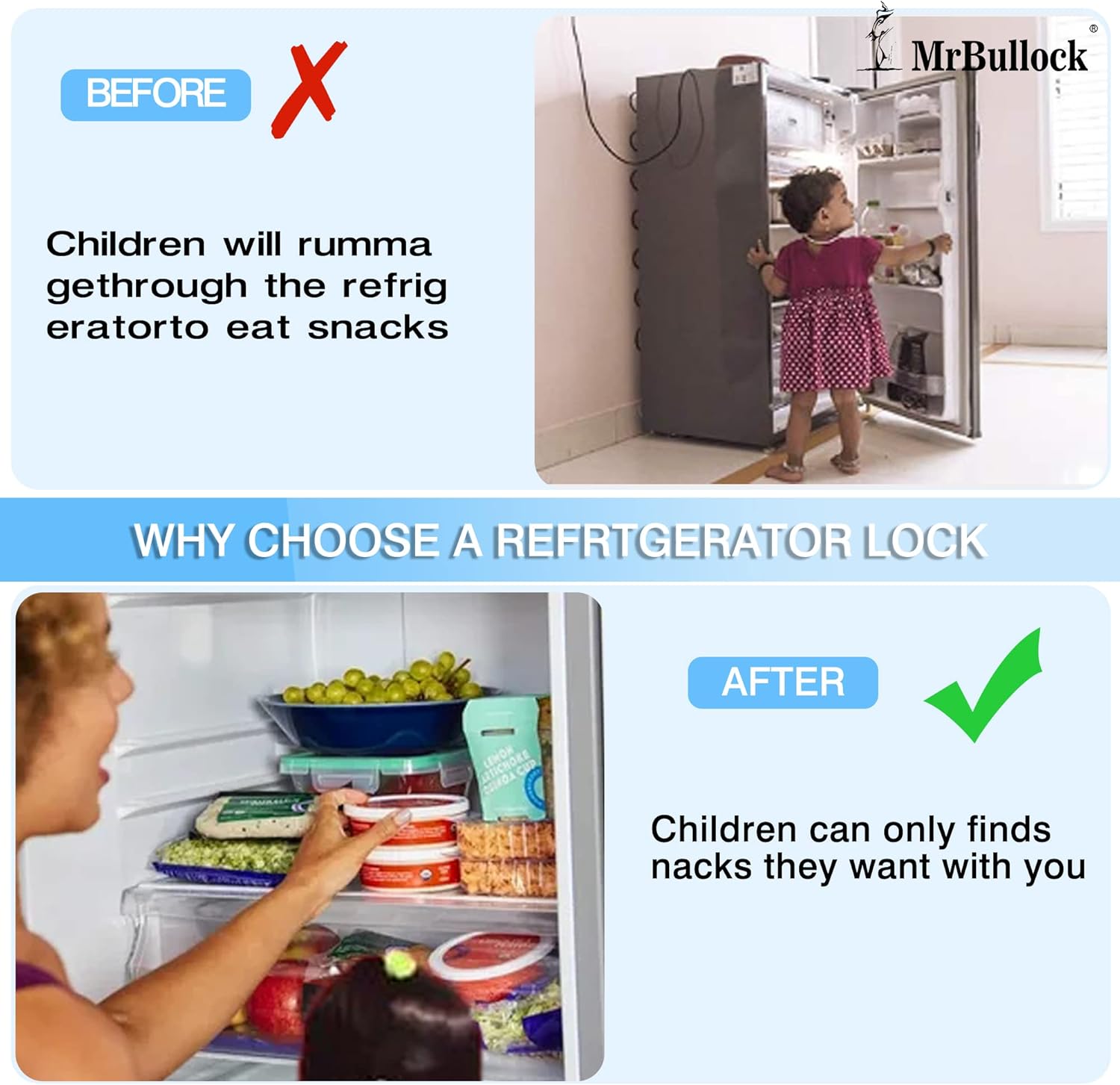 MrBullock Refrigerator Lock, 4 Pack, Combination Lock, Keyless, Childproof, Black