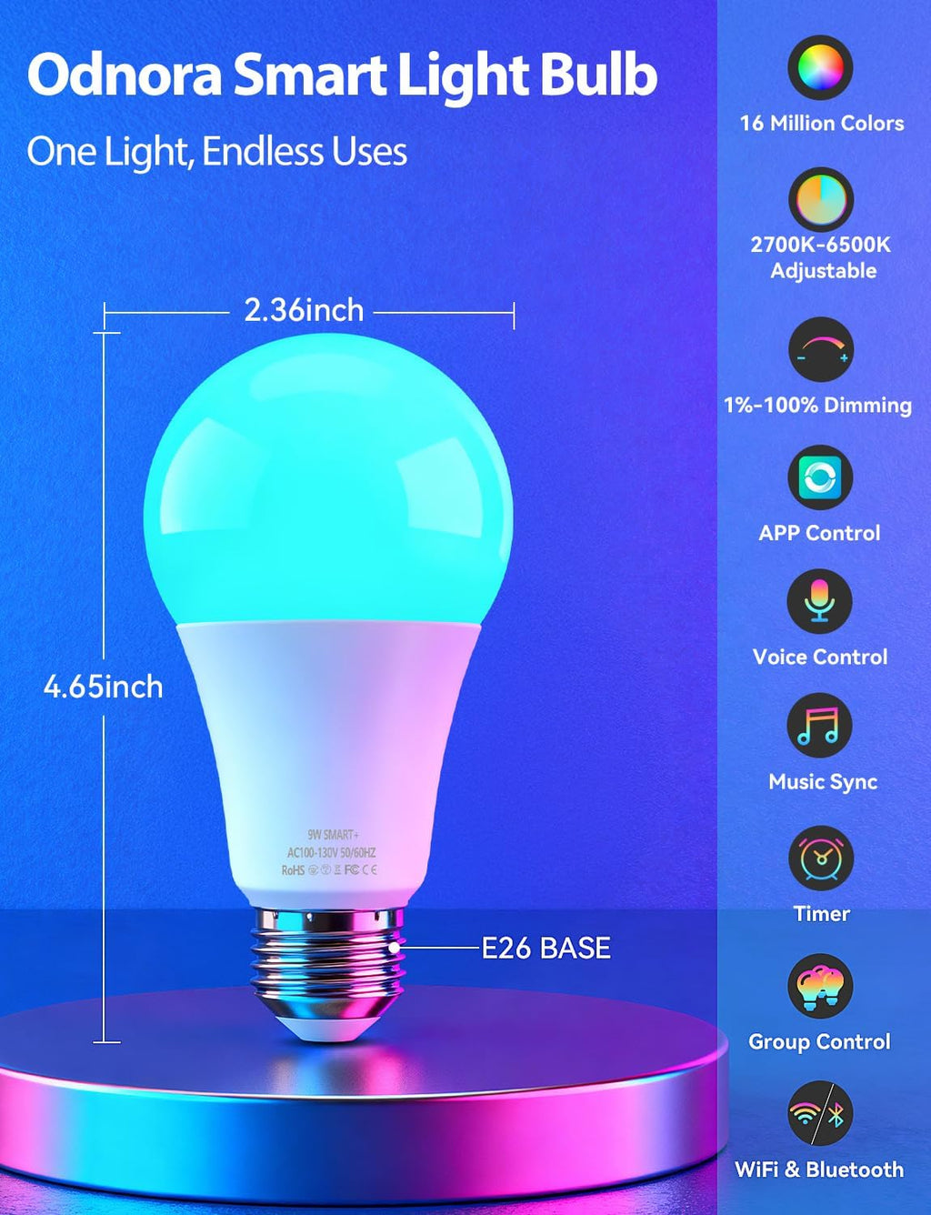 Smart Light Bulbs, Color Changing Light Bulb, Work with Alexa & Google Assistant, RGBWW A19 LED Light Bulbs Dimmable, 2.4GHz WiFi Bluetooth Light Bulb 60W Equivalent, Music Sync, 800LM, 4 Packs