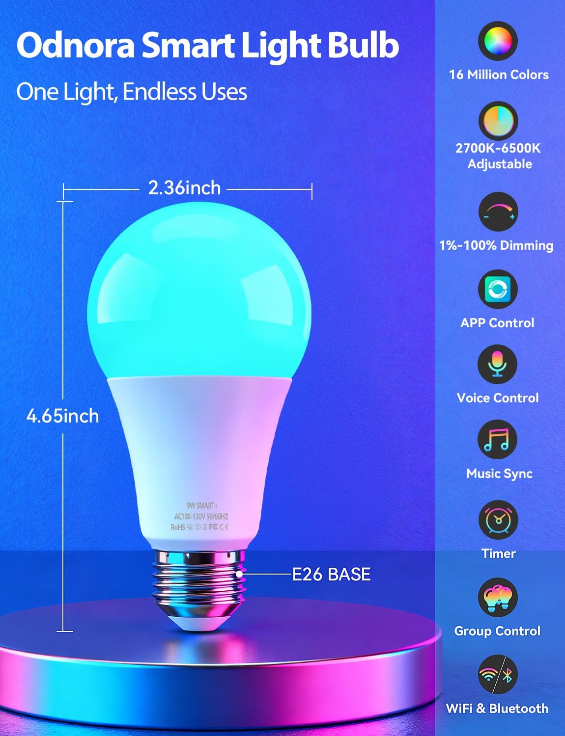 LED Smart Light Bulbs, Color Changing Light Bulb 9W, Compatible with Alexa & Google Assistant, 2.4GHz Bluetooth WiFi Light Bulbs, 16 Million Colors RGBTW A19 60W Equivalent Bulb, 800LM, 1 Pack