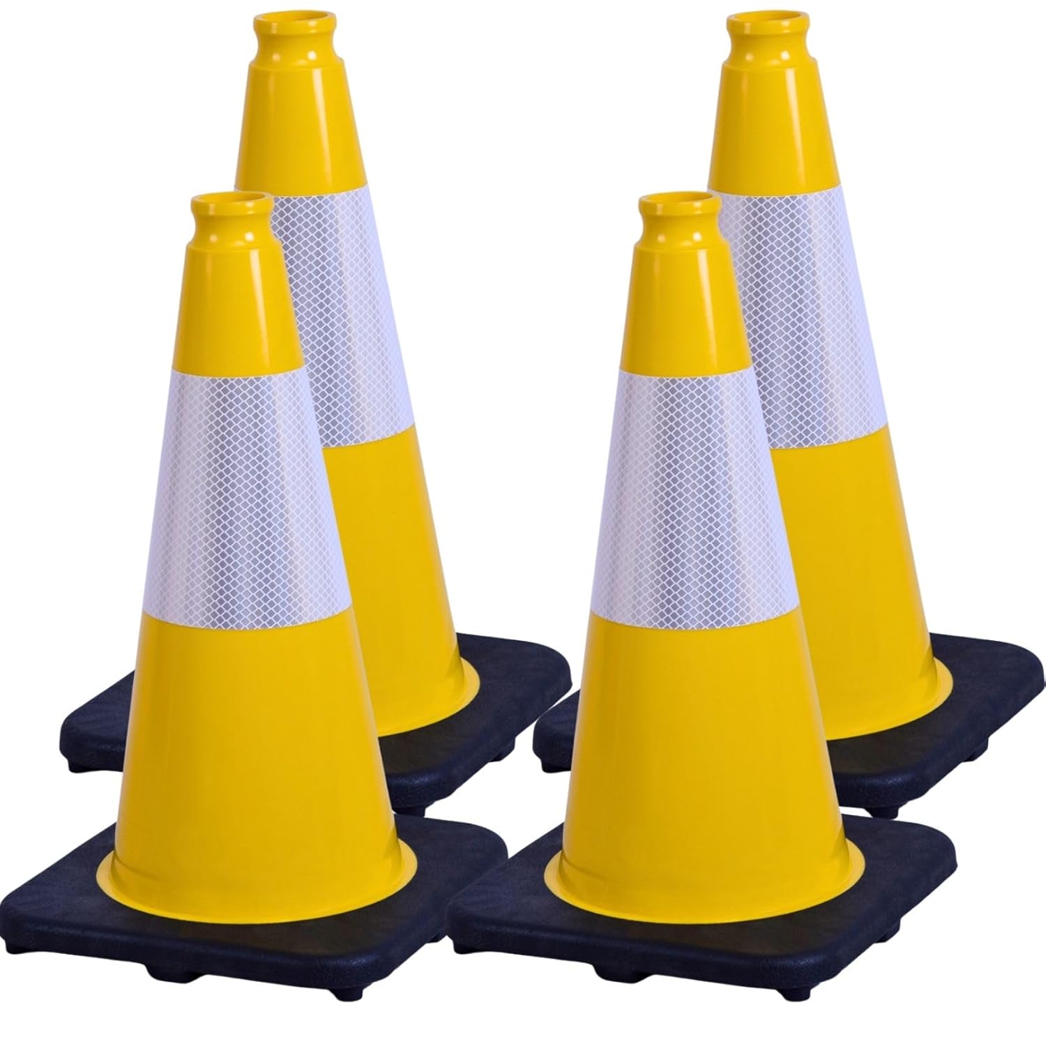 BESEA 4Pack 18 Inch Yellow Traffic Cones with 6 Inch Reflective Collar, Heavy Duty PVC Safety Cones with 10.5 x 10.5 Inch Base for Parking, Driving Practice, Sports Training, and Construction