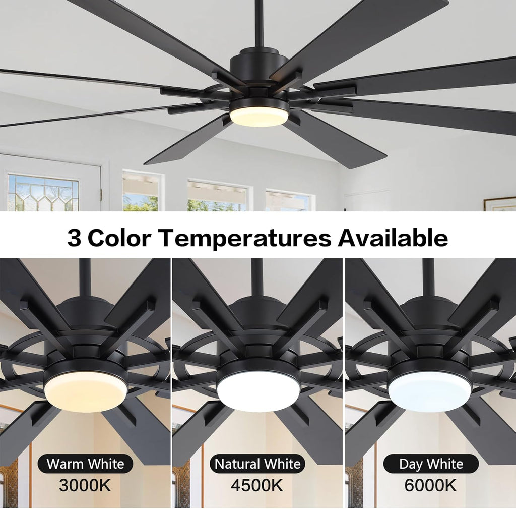 WINGBO 72" DC Ceiling Fan with Lights and 3 Downrods, Matte Black, 8 Plywood Blades, 6-Speed Reversible DC Motor, Large for Kitchen, Bedroom, Living Room