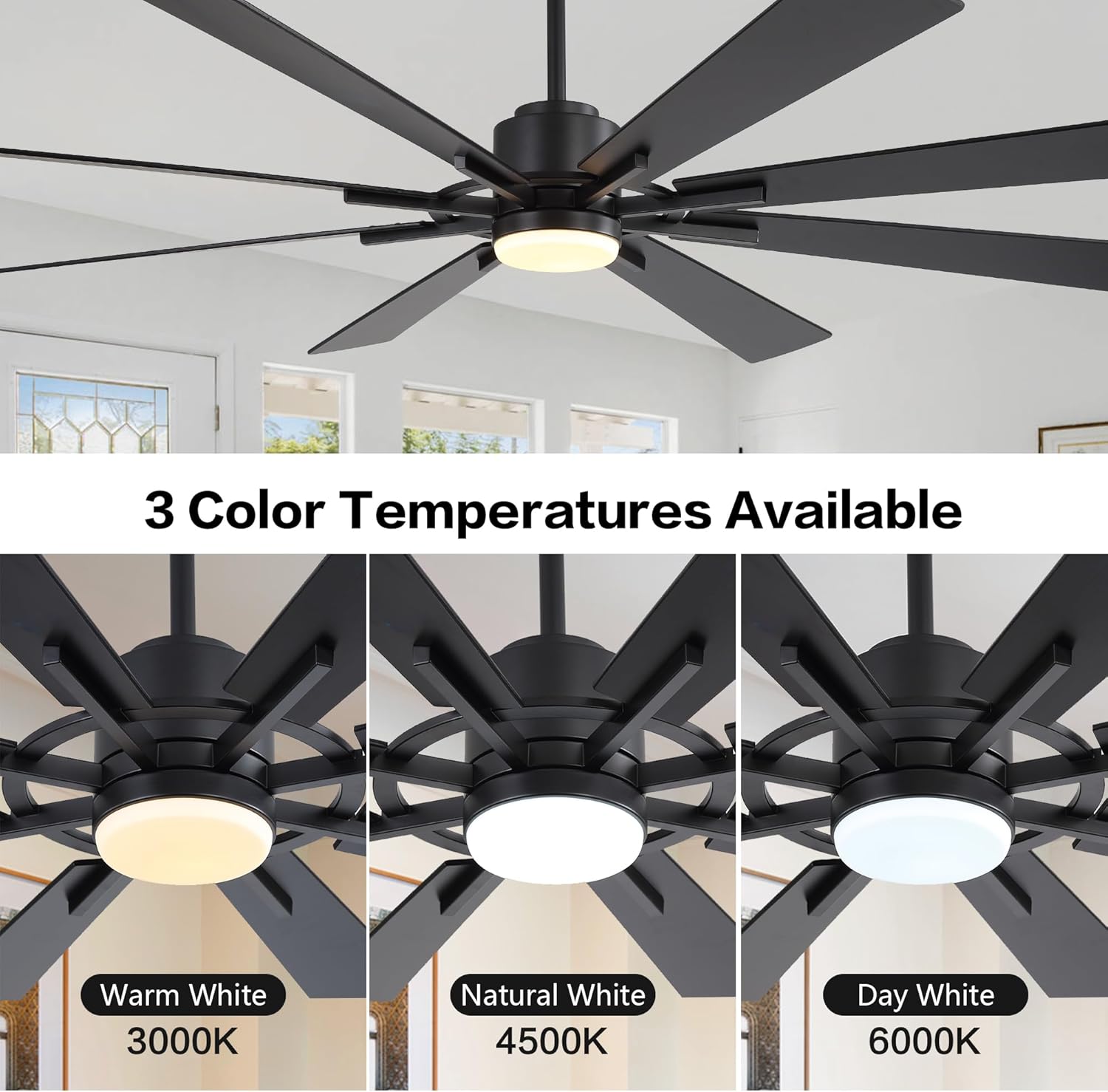 WINGBO 72" DC Ceiling Fan with Lights and 3 Downrods, Matte Black, 8 Plywood Blades, 6-Speed Reversible DC Motor, Large for Kitchen, Bedroom, Living Room