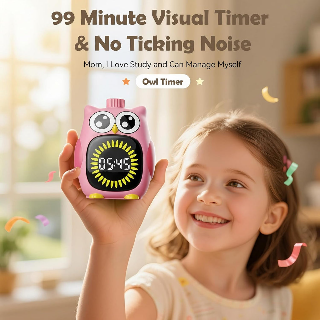 Doli Yearning Visual Timer for Kids, 99 Minute Cute Owl Digital Countdown Timer for Home School Classroom Supplies Study, Silent Time Management Tool (Pink)