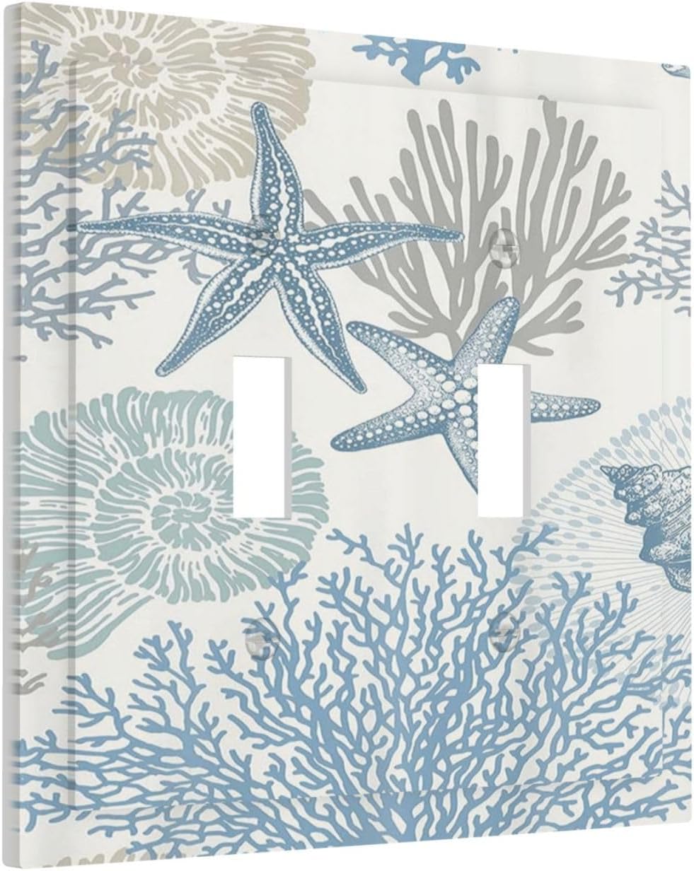 Decorative Light Switch Plate Covers Blue Starfish Coral Seaweed 2 Gang Light Switch Cover Plate Double Toggle Wall Plate Outlet Covers for Bathroom Bedroom Decor （2 Pack）
