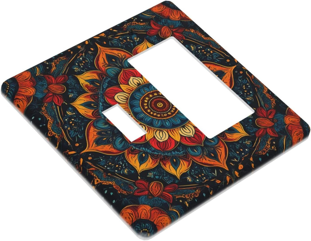 Boho Colorful Mandala 2 Gang Combo 1 Toggle 1 Rcoker Light Switch Covers Decorative Switch Plates Electrical Switch Plates and Outlet Covers for Home Art Decor 4.5 X 4.5 IN
