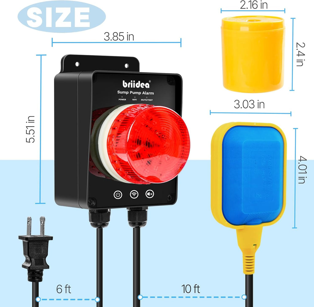 Smart WiFi Sump Pump Alarm, Briidea Indoor/Outdoor High Water Level Alarm, Supports APP Remote Monitoring, Equipped with 110dB Buzzer and LED Indicator, Ideal for Basements and Septic Sump Pump