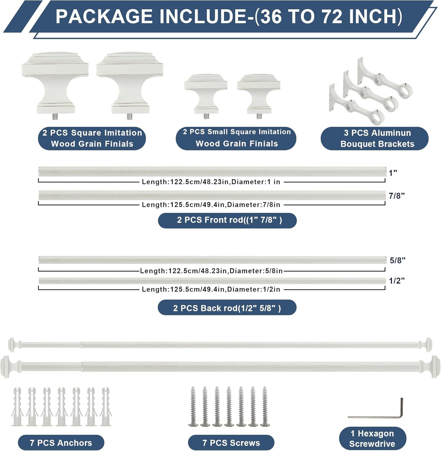 Double Wood Curtain Rods for Windows 36 to 72 Inches,1 Inch Decorative Wooden Curtain Rod with Square Imitation Wood Grain Finials and Double Aluminum Bouquet Bracket, Antique White