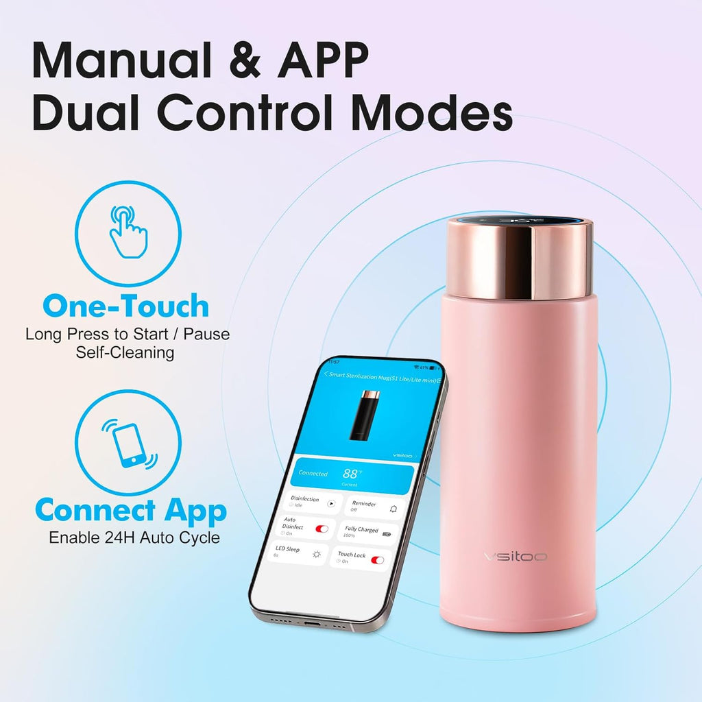 Vsitoo Smart self cleaning Insulated Water Bottle, 8.5oz Stainless Steel Vacuum Flask, AI Self-Clean, 30-Day Battery Life, BPA-Free, Magnetic Charging, Portable Travel Mug Gifts for Men Women, Pink