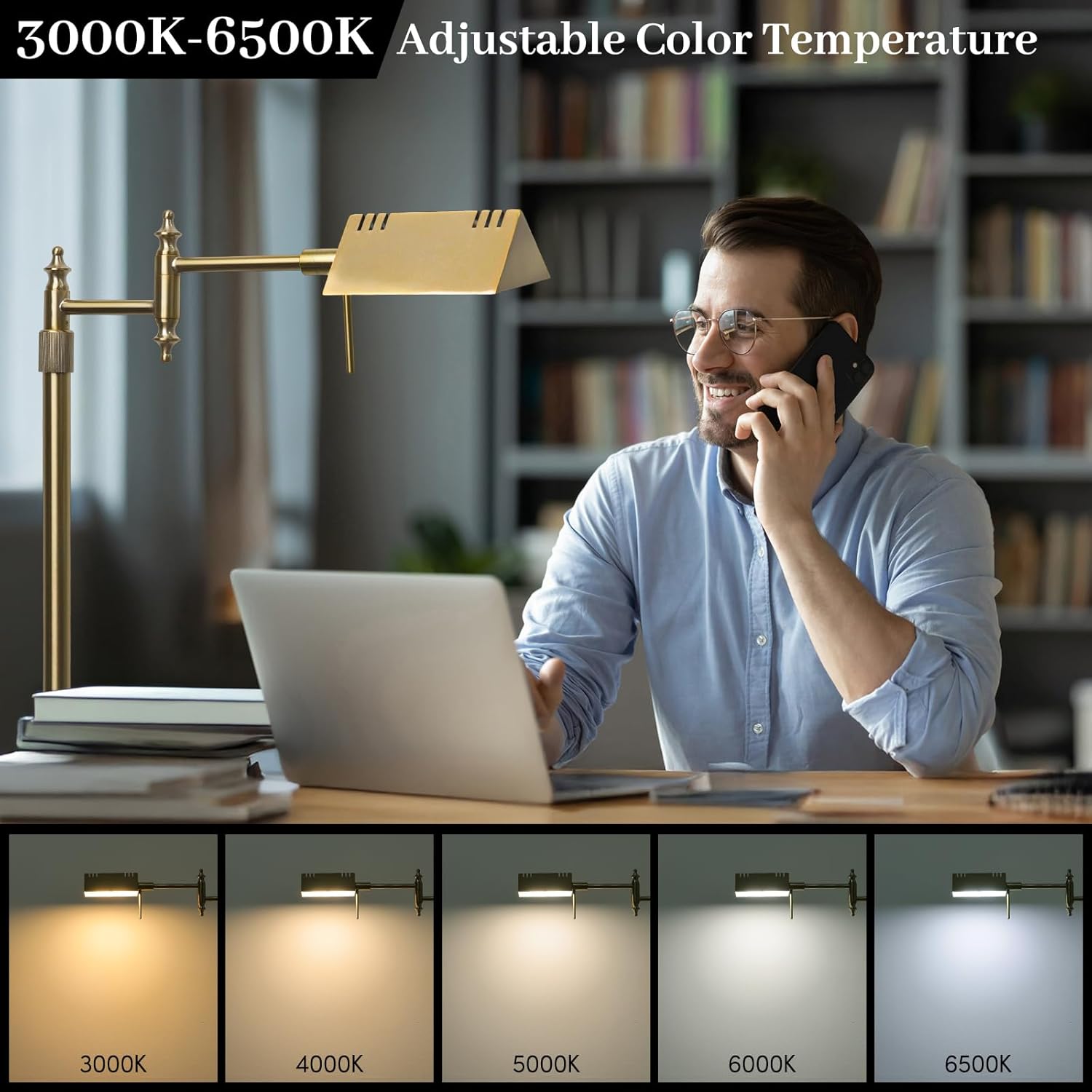 Dimmable Pharmacy Floor Lamp with Remote, 15W Gold LED Reading Floor Lamp with 360°Swing Arm, 3 Color Temperature, Height Adjustable Standing Task Lamp for Living Room, Bedroom, Office, Antique Brass