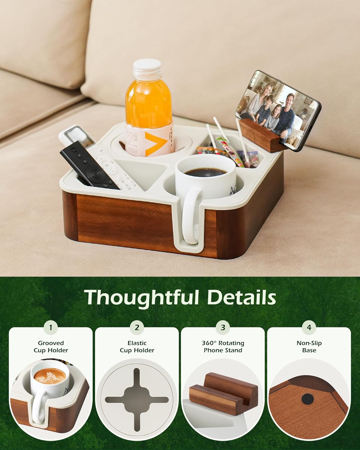 Couch Cup Holder Tray, Acacia Wood Couch Caddy With Cup Holder, Non-Slip Couch Organizer for Drinks, Snacks Remotes, Rounded Corners And Mug Slot White