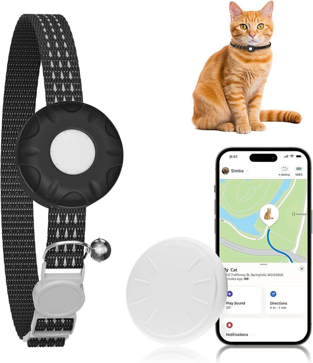 Cat GPS Tracker for Cats, Waterproof Pet GPS Tracker Compatible with Apple Find My App (Only iOS), No Monthly Fee (White Tracker, Black Cat Collar)
