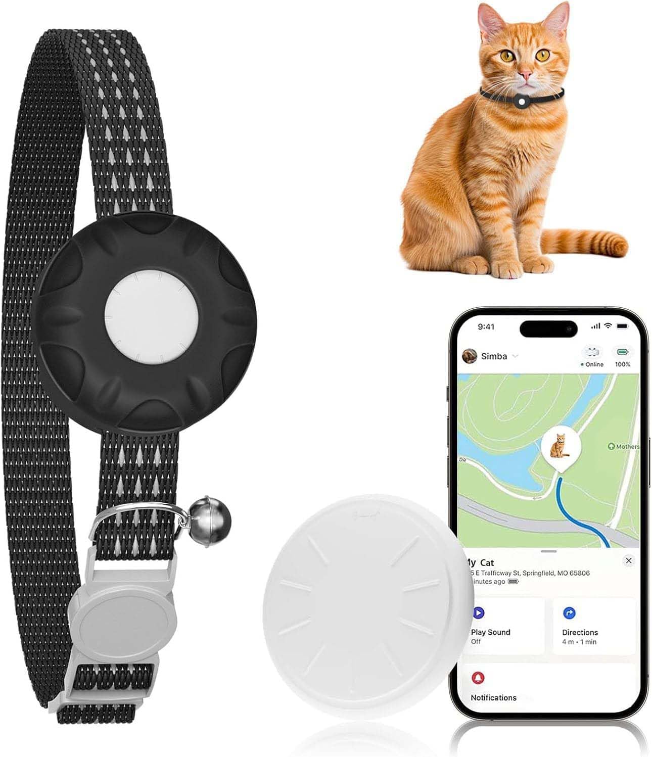 Cat GPS Tracker for Cats, Waterproof Pet GPS Tracker Compatible with Apple Find My App (Only iOS), No Monthly Fee (White Tracker, Black Cat Collar)