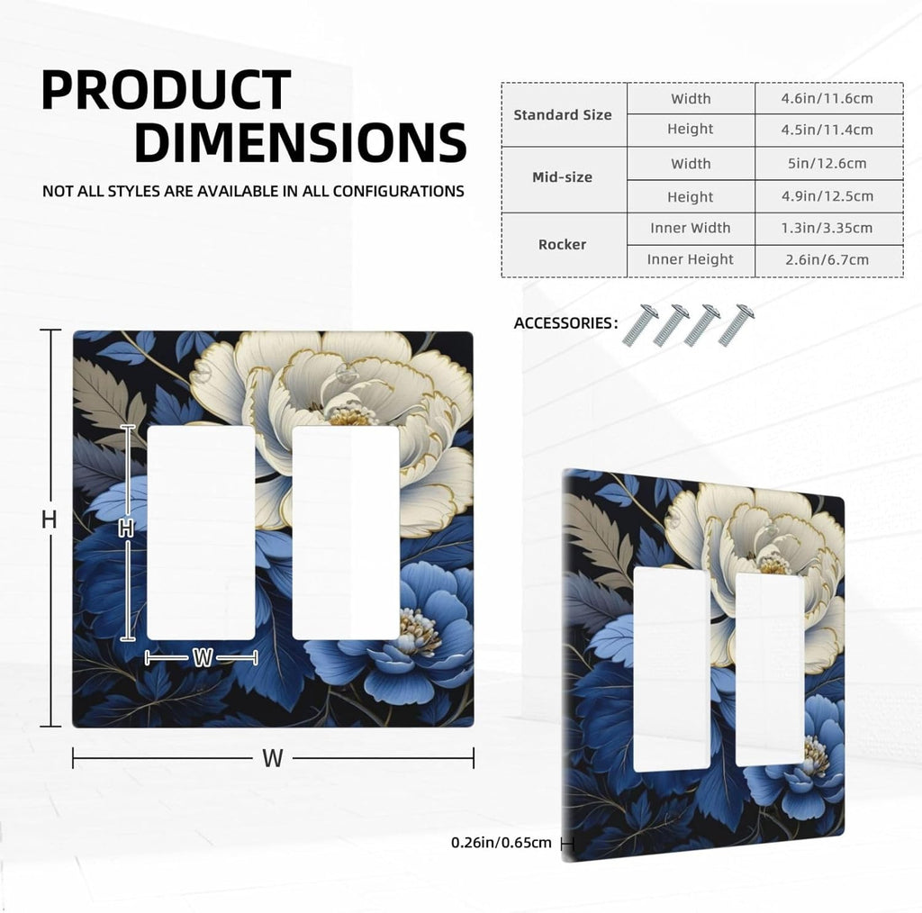 Blue White Flowers Dual Outlet Covers Wall Plate 2 Gang Rocker Decora Decorative Switchplate Electrical Faceplate GFCI Light Switch Covers for Farmhouse Living Decor
