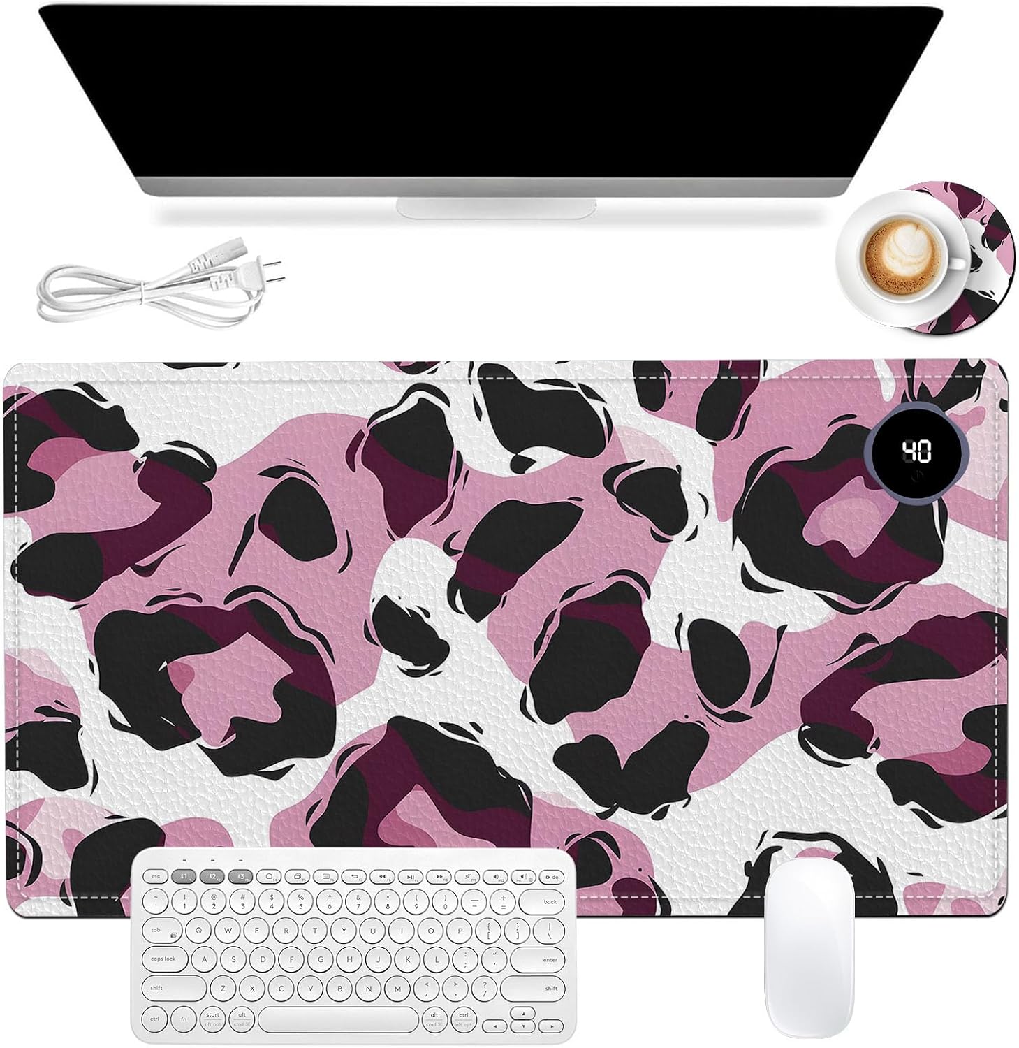 Heated Mouse Pad, Warm Desk Pad, Keyboard Mat 23.6 x 14 Inch Large Size Intelligent Fast Heating, 3 Speed Adjustable, Timed Auto Power Off for Game Office Home, Pink Leopard Print