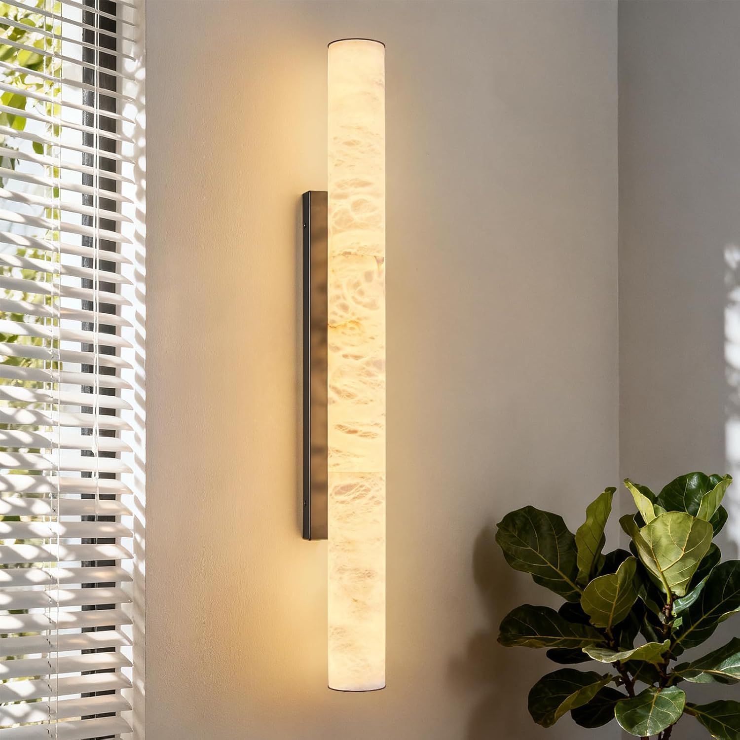 LMQNINE Natural Alabaster Wall Sconces Spanish Marble Wall Light Cylinder Modern Black LED Sconce for Living Room Bedroom Bathroom Stairs（L-1Pack）