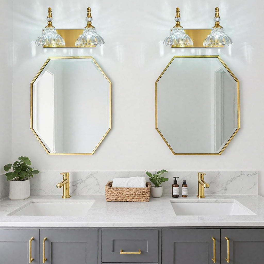 Vintage Bathroom Vanity Light, 2-Light Gold Vanity Lighting Fixture with Flower Glass Shade, Bathroom Lighting Fixtures Over Mirror