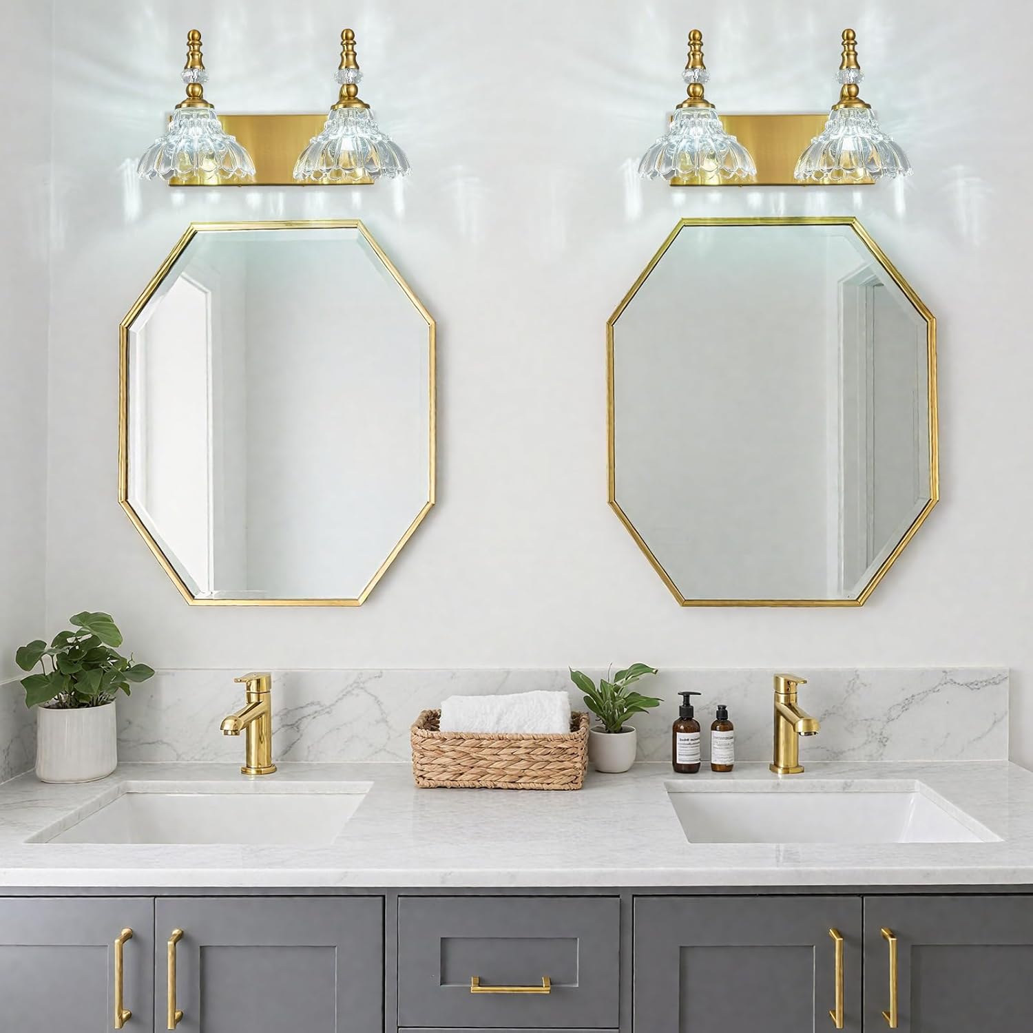 Vintage Bathroom Vanity Light, 2-Light Gold Vanity Lighting Fixture with Flower Glass Shade, Bathroom Lighting Fixtures Over Mirror