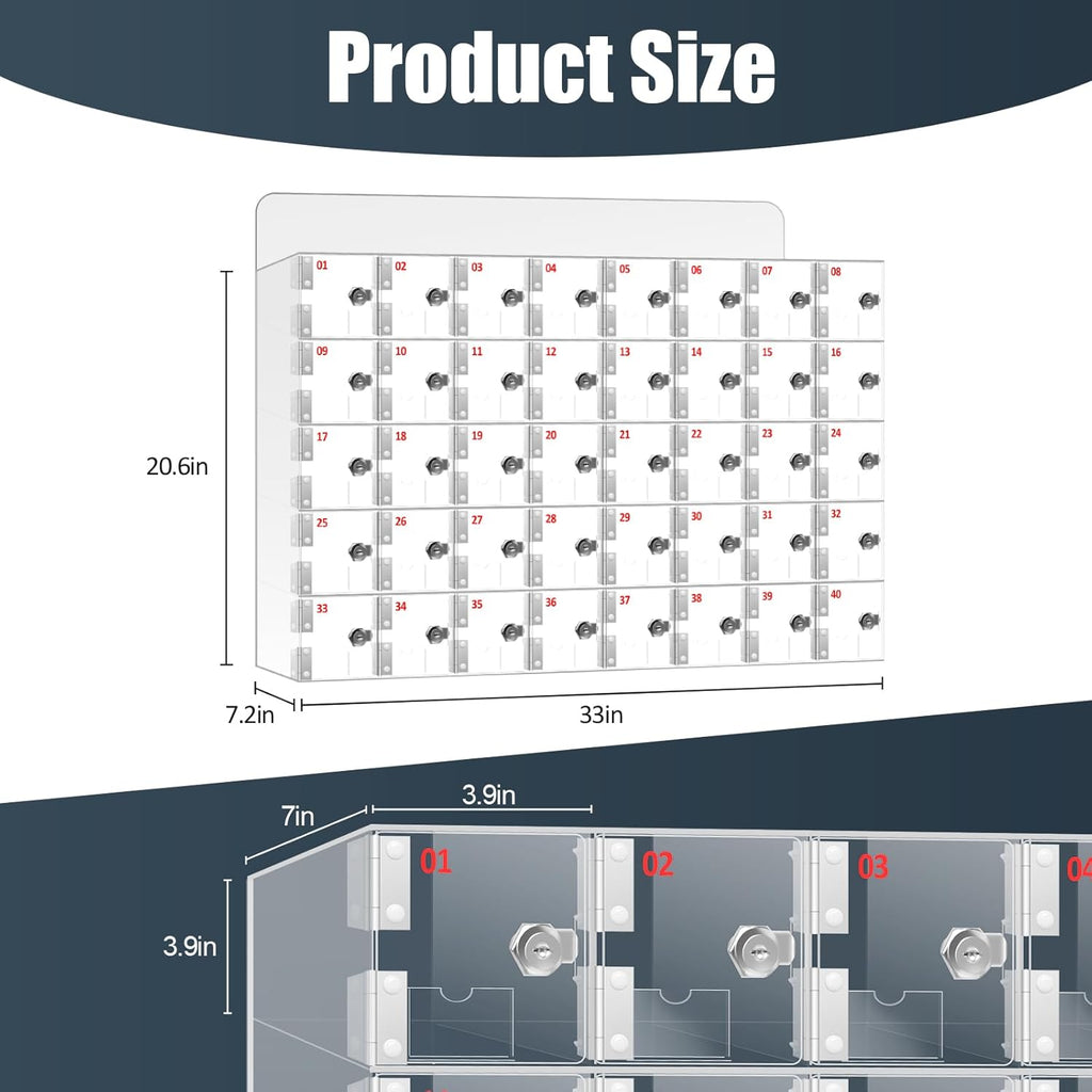 40 A Slots Cell Phone Locker Box, Clear Phone Storage, Acrylic Cell Phone Lock Box with Door Locks and Keys, Wall Mounted Cell Phones Cabinet for Office School Classroom Factory