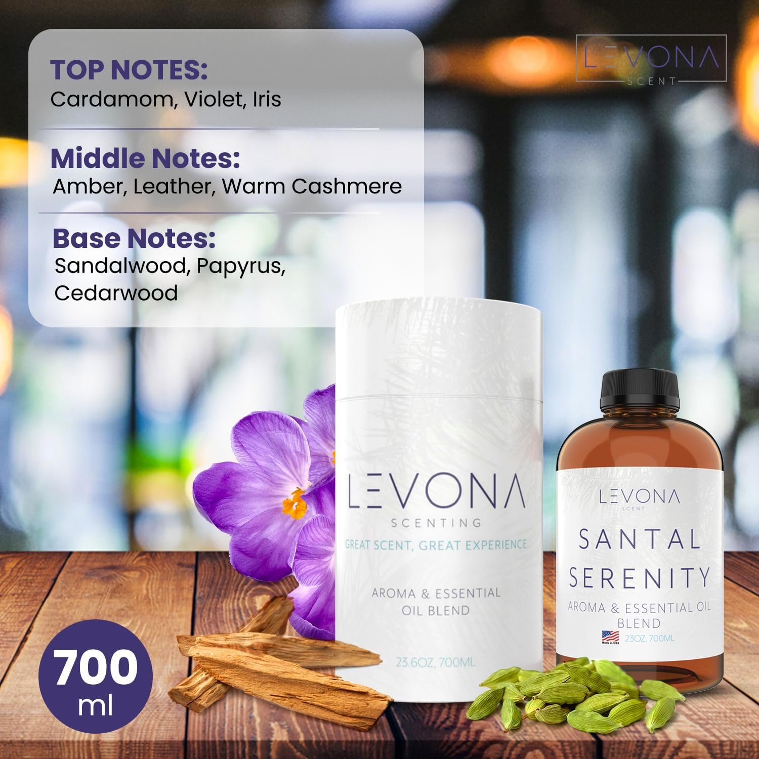 Levona Scent Essential Oils - Scents for Home, Hotel & Office Use - Perfect for Home Diffuser & Humidifiers - Aroma Fragrance Oil, Ideal for Massage, Relaxation, and Spa - Santal Serenity, 700ml