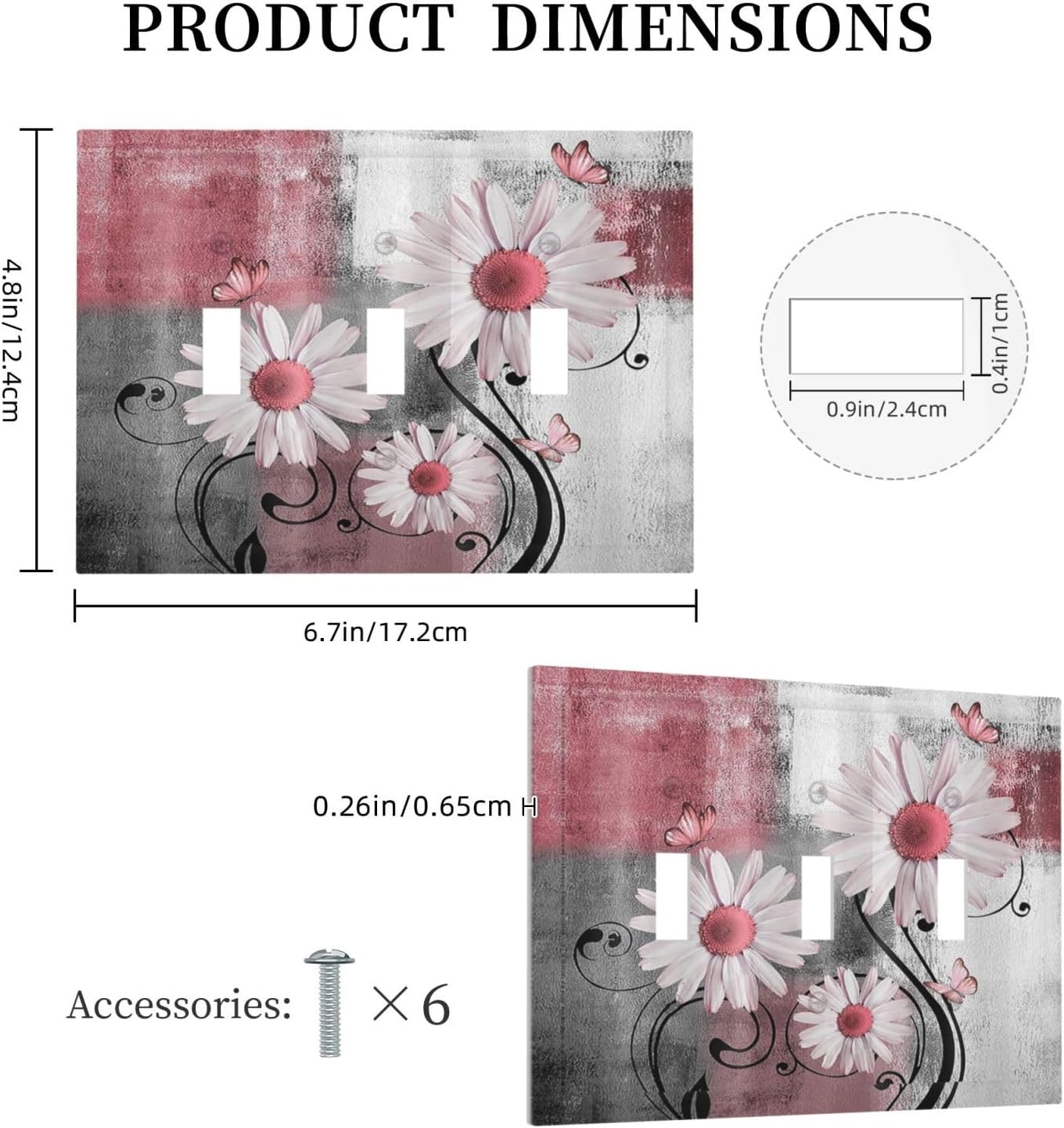 Decorative Switch Plates Pink Floral Rustic Daisy Flower And Butterfly 3 Gang Wall Plate Faceplate Triple Toggle Light Switch Cover Electrical Wall Panels for Farmhouse Cabin Decor