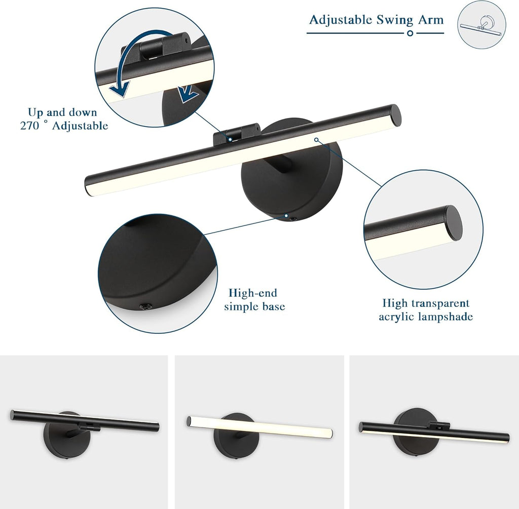 Hardwired Adjustable Lighting Matte Black Modern LED Picture Lights for Paintings 15.7'' Inch Long Swing Arm Metal Art Lights Warm White 3000K