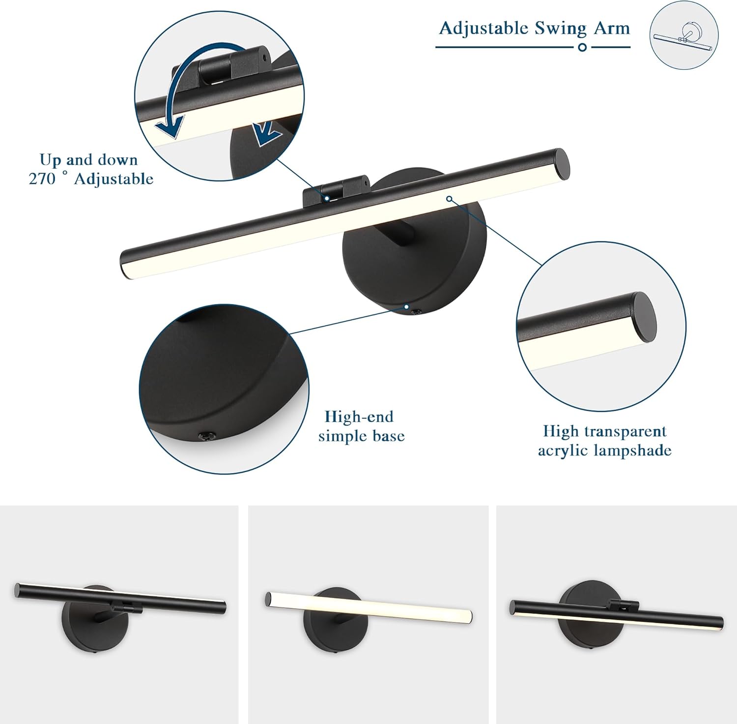 Hardwired Adjustable Lighting Matte Black Modern LED Picture Lights for Paintings 15.7'' Inch Long Swing Arm Metal Art Lights Warm White 3000K